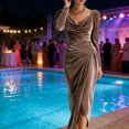 thumbnail image 4 of Quixlent Women's Long Sleeve Velvet Evening Party Dress Cowl Neck Ruched Slit Bodycon Dress Midi Wedding Guest Dress, 4 of 8