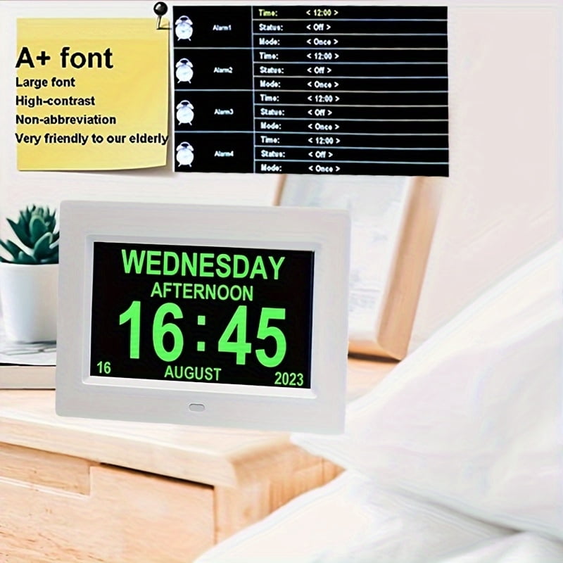 1pc Digital Calendar Day Alarm Clock, Photo Frame Media Player Auto Dimmable and Sun Moon Icons, 4 Alarm Options 7 Inch Large Analog Wall Clock with Remote Control for Elderly Dementia Alzheimers