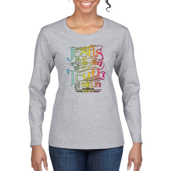 Wild Bobby, Jesus Is The Way John 14:6 Bible Verse, Inspirational/Christian, Women Graphic Long Sleeve Tee, Heather Grey, X-Large