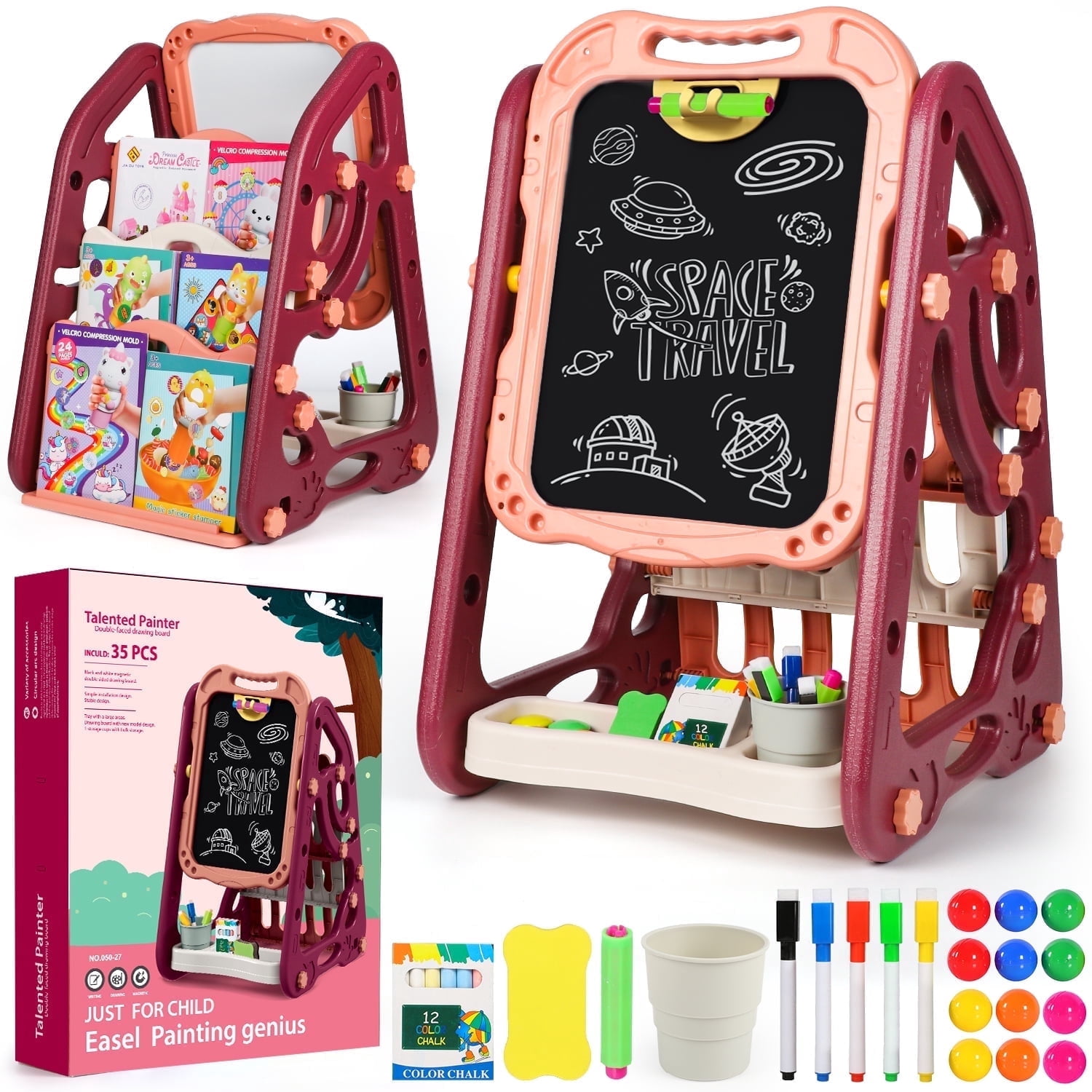 UUSUOO Easel for Kids,3 in 1Double Sided Art Easel with Magnetic White Board & Chalk Board,Adjustable Standing Toddler Easel with Art Accessories,Christmas Gift for Kids Ages 3+,Red