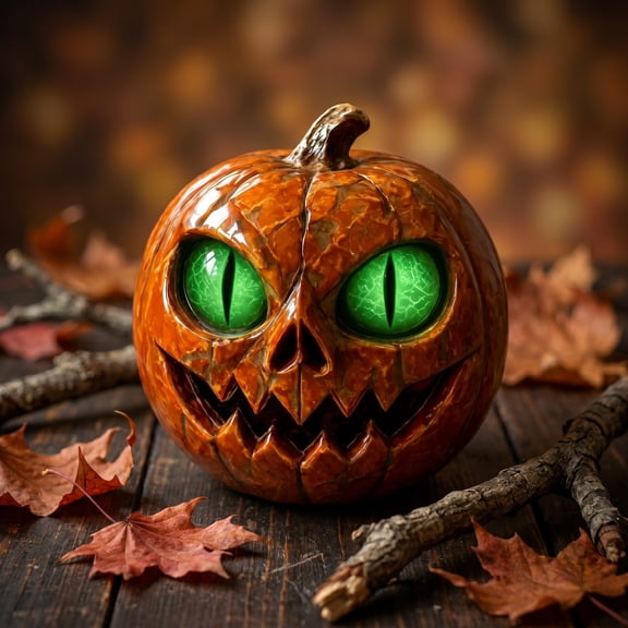 Halloween Resin Pumpkin Figurine Decoration, Glowing Eyes in Red Blue Purple Green, Spooky Cute Tabletop Ornament for Indoor Outdoor