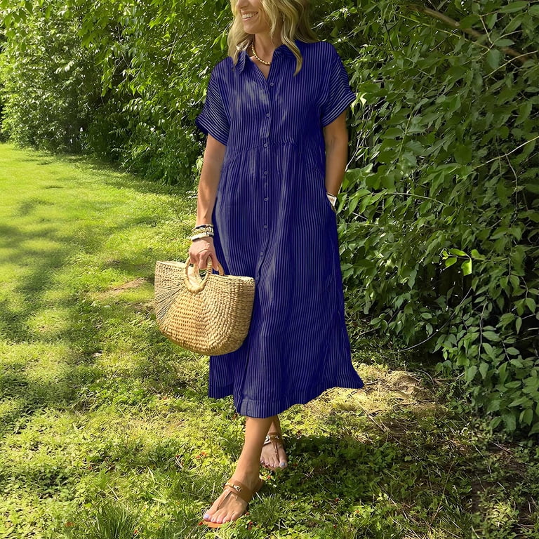 VBVC Women's Striped Button Down Shirt Dress , Summer Collared Midi Dress For Women , Ladies' Short Sleeve Loose Fit Dress with Pockets,Navy,S-5XL