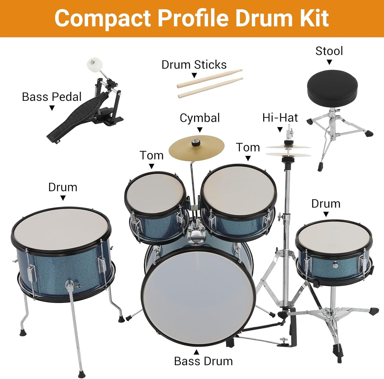 5-Piece Drum Set, Complete Kit with Bass Drum, Tom, Snare, Hi-Hat, Cymbal & Pedal, 16in Full Drum Set with Drumsticks and Stool, Blue