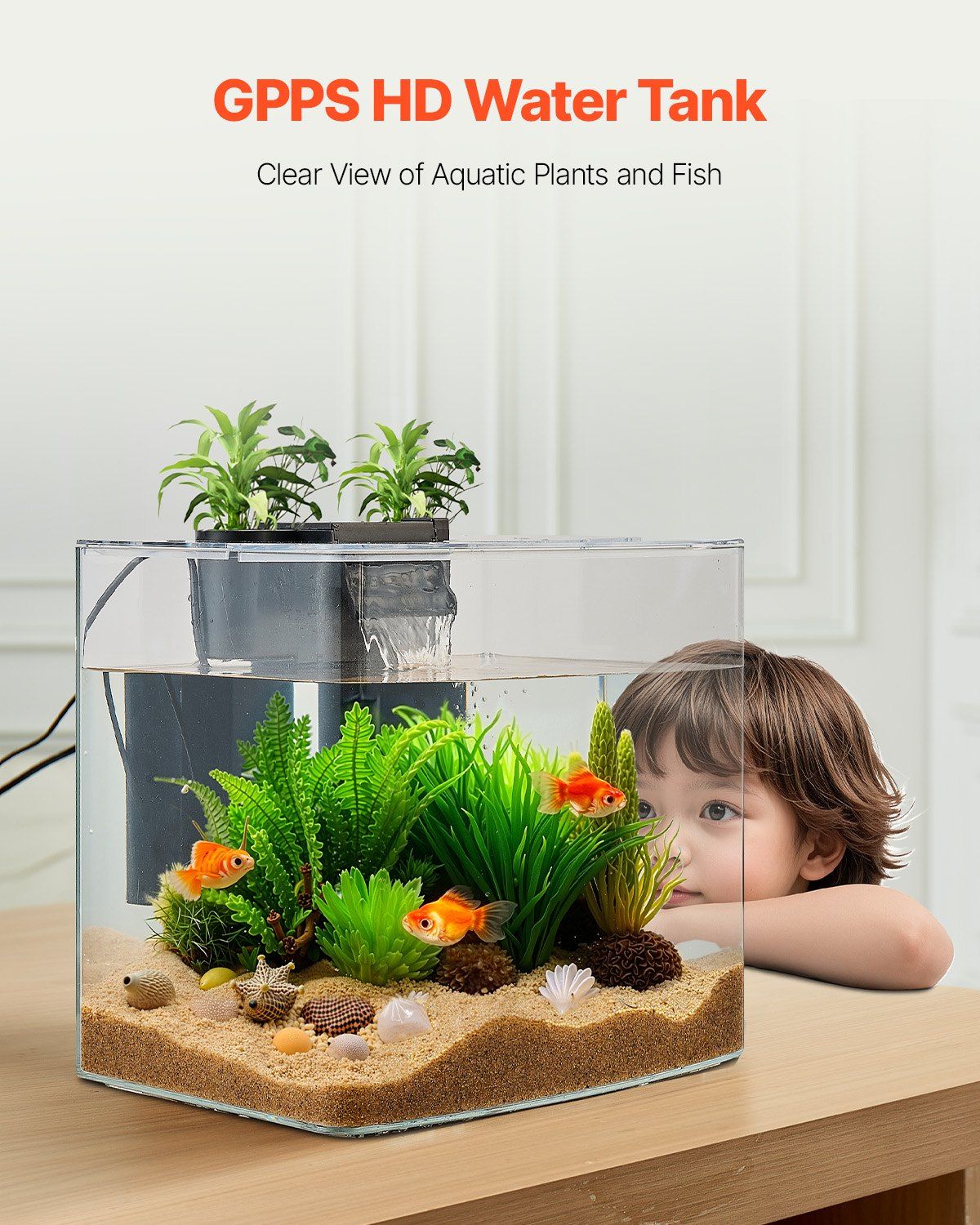3.5 Gallon Fish Tank Aquarium with Smart Arch Design, Clear HD GPPS Material, 3-Color Adjustable LED Lighting, Self-Cleaning System, Oxygenation, Water Circulation, Hydroponic Plant Tray
