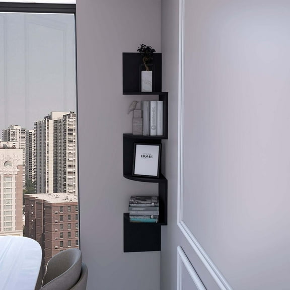 FM FURNITURE Rosebud Corner Floating Shelf: Modern Full-Wall 4-Shelf Unit