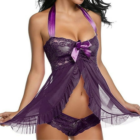 

RPVATI Women Sexy Halter Babydoll Mesh Chemise Sexy Front Closure Nightdress
