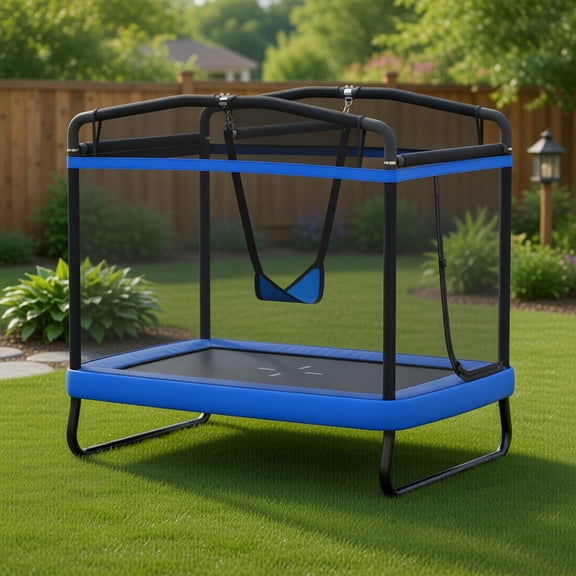 Resenkos 6 FT Kids Rectangle Trampoline with Swing & Horizontal Bar - Compact Indoor Outdoor Play Equipment - Blue