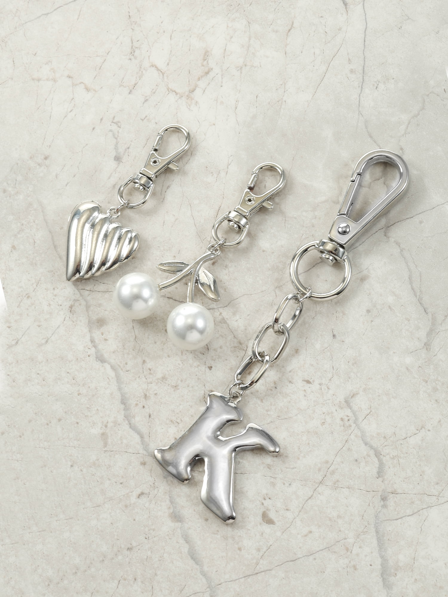 Time and Tru Silvertone Initial Letter Bag Charm Set, 3 Pieces, Letter K