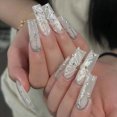thumbnail image 1 of 24Pcs Yellow False Nails Long Coffin Flower Butterfly with Rhinestones French Design Wearable Fake Nails Press on Nails Tips FGS, 1 of 7