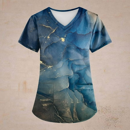 

Hanas Women s Top Fashion Summer Plus Size Retro Printed Scrub Working Uniform Tops For Women Cross V-Neck Short Sleeve Fun T-Shirts Workwear Tee With Pockets Blue/XXXL