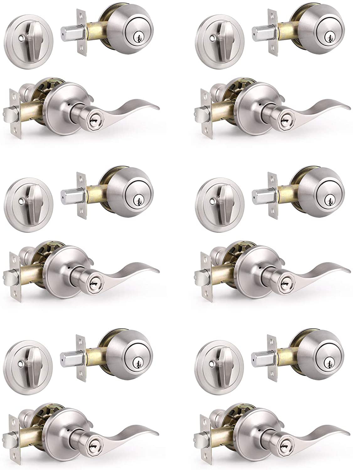 Wave Style Door Lever Lockset for Entrance Front Bed/Bath Doors 6 Pack Entry Lock with Single Cylinder Handleset Satin Nickel Keyed Alike Combo Pack