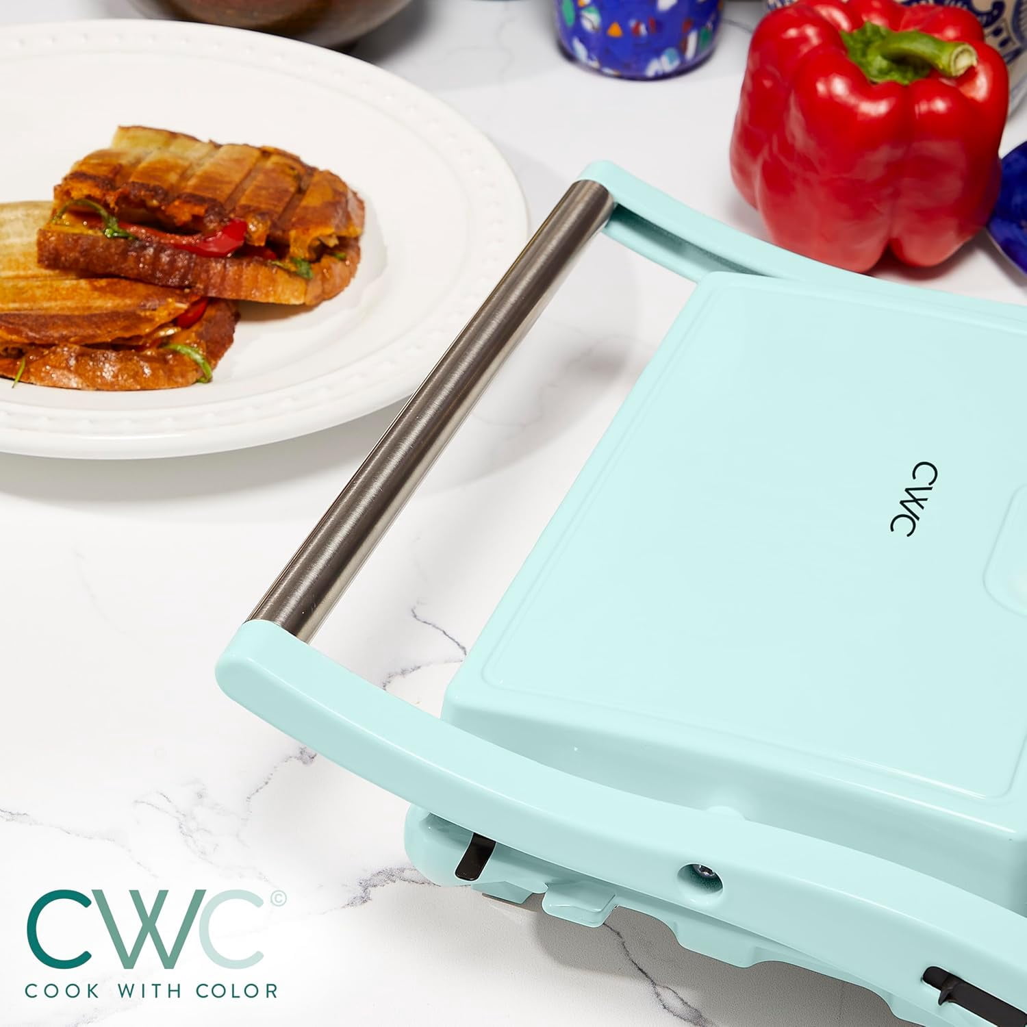 COOK WITH COLOR Panini Maker 2-Slice Panini Press Electric Grill, 760 Watts, Sage