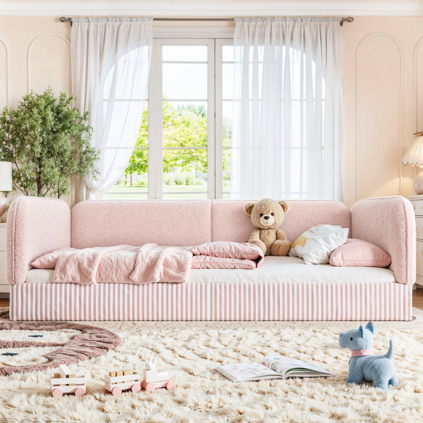 Full Size Upholstered Floor Daybed Frame for Kids, Half-Enclosed Montessori Platform Bed with 3-Sided Surrounding Guardrails