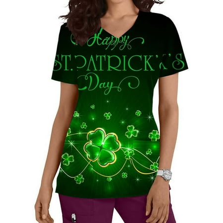 

Zeceouar Scrubs Tops For Women Designs Plus Size Scrub Shirts V-Neck Printing Short Sleeve Nursing Working Uniform Tops With Pocket