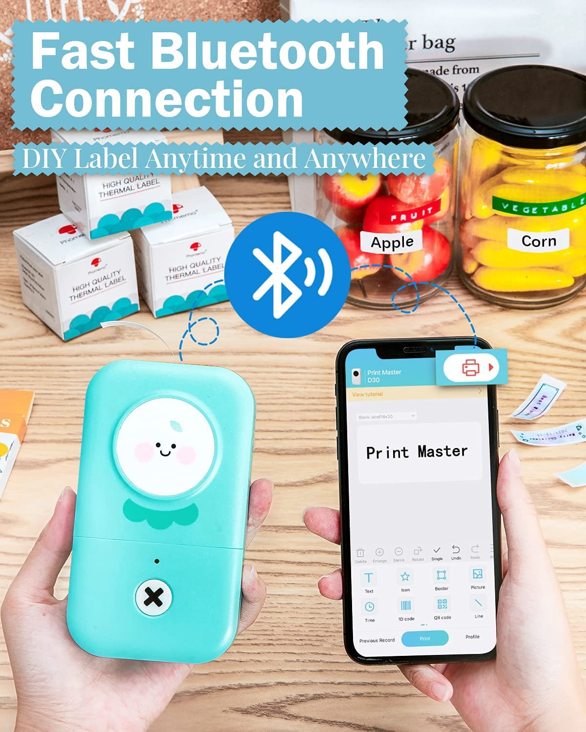 Phomemo D30 Bluetooth Thermal Label Maker Cute Green Design Labeler Machine with Tape
