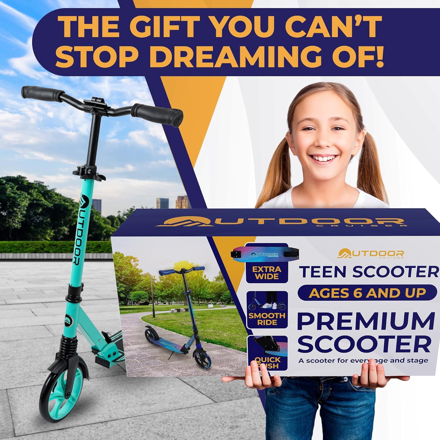 Outdoor Cruiser Kick Scooter for Ages 6+, for Kids, Teens, and Adults, Max Load 250 LBS, Foldable, 8-inch Big Wheels, Dual Suspension, 3 Adjustable Levels, Child Safety Approved, Yellow and Pink