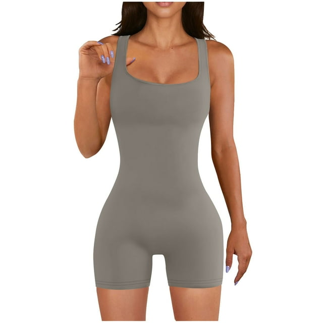 AherBiu Workout Bodysuits for Women Square Neck Sleeveless Compression Gym Yoga Short Jumpsuits Rompers