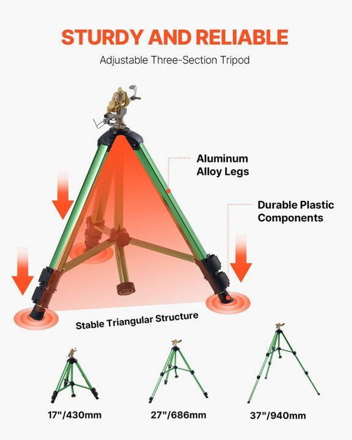 360° Rotating Impact Sprinkler on Sturdy Tripod - Heavy Duty Brass Head, Adjustable Height, 3/4" Fitting for Yard & Field Irrigation