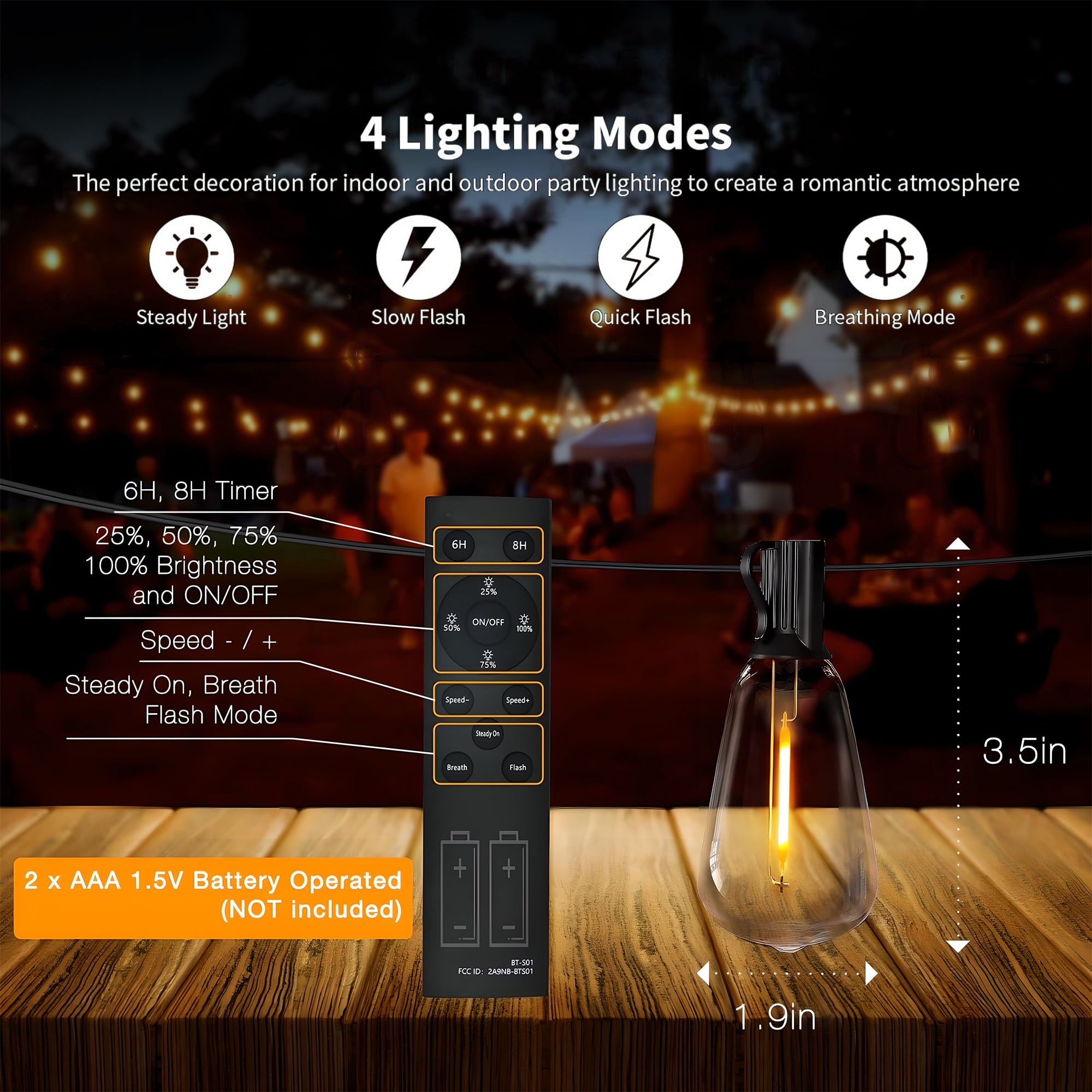 Hyrion ST38 Outdoor String Lights, 48ft Connectable Pitao Lights with 2700K Waterproof Bulbs, Dimmable Hanging Lights for Porch Yard Canopy