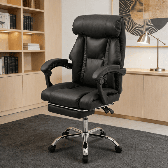 Adjustable Height Executive Office Chair with Foot Rest | High Back Reclining Leather Gaming Chair, Swivel Rolling Desk Chair for Comfortable Work