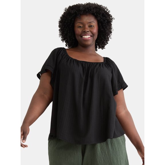 Terra & Sky Women's Plus Convertible Blouse with Short Sleeves, Sizes 0X-5X