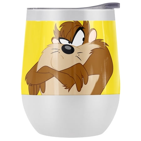 Looney Tunes Official Taz 12 OZ Stemless Wine Tumbler, Stainless Steel Travel Cup|Lake Tumbler|Insulated with Leak Resistant Slide-Lock Lid, White