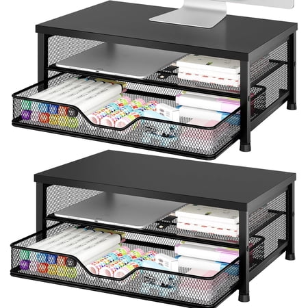 Computer Monitor Stand Riser, Desk Organizer with Drawer, Laptop Stand, Office Desk Accessories & Workspace Desktop Organizers Storage for Office Supplies(Black 2-Pack)