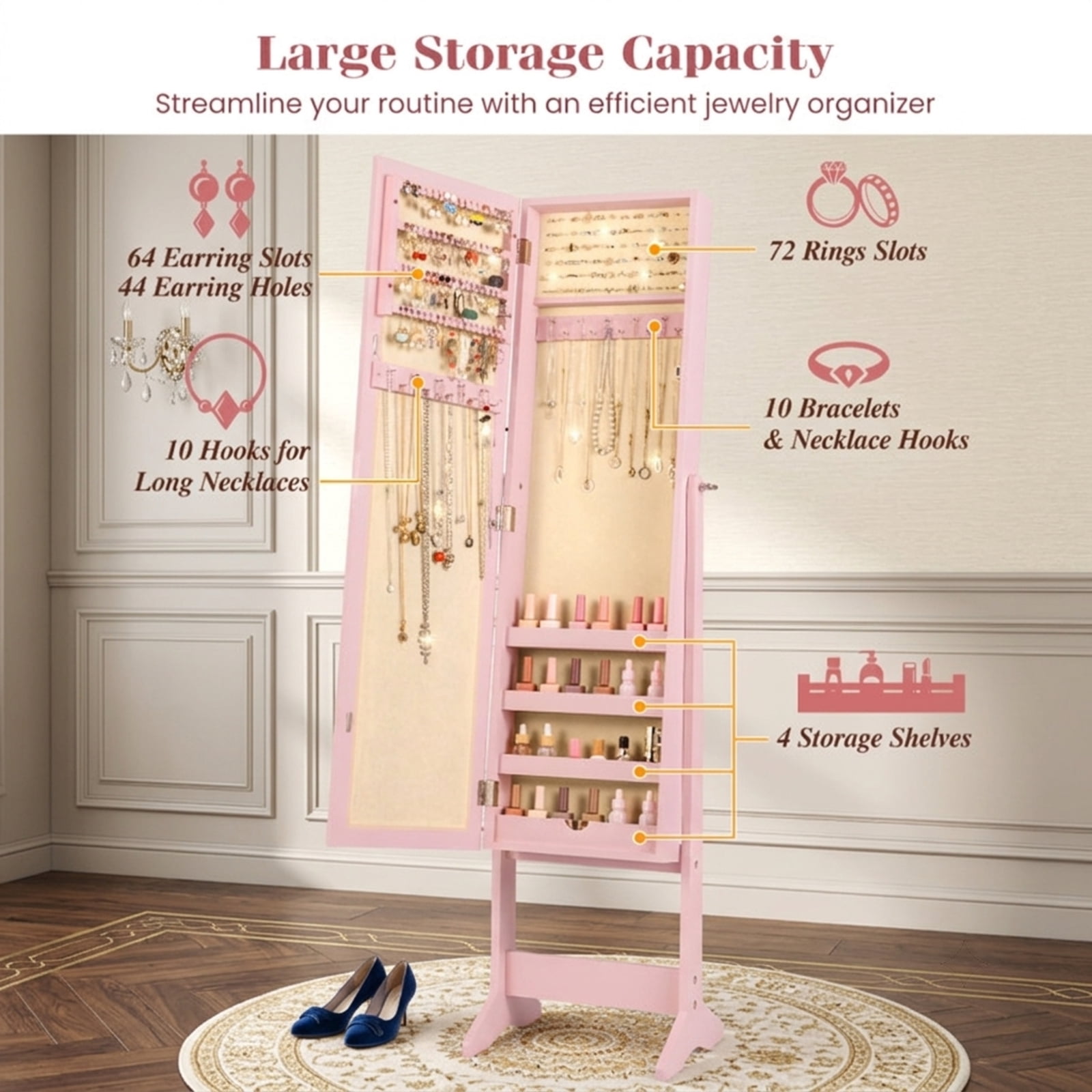 Furnibear Mirrored Standing Jewelry Cabinet Storage Box for Bedroom Dressing Room Jewelry Necklace Rings Storage Mirror, Pink