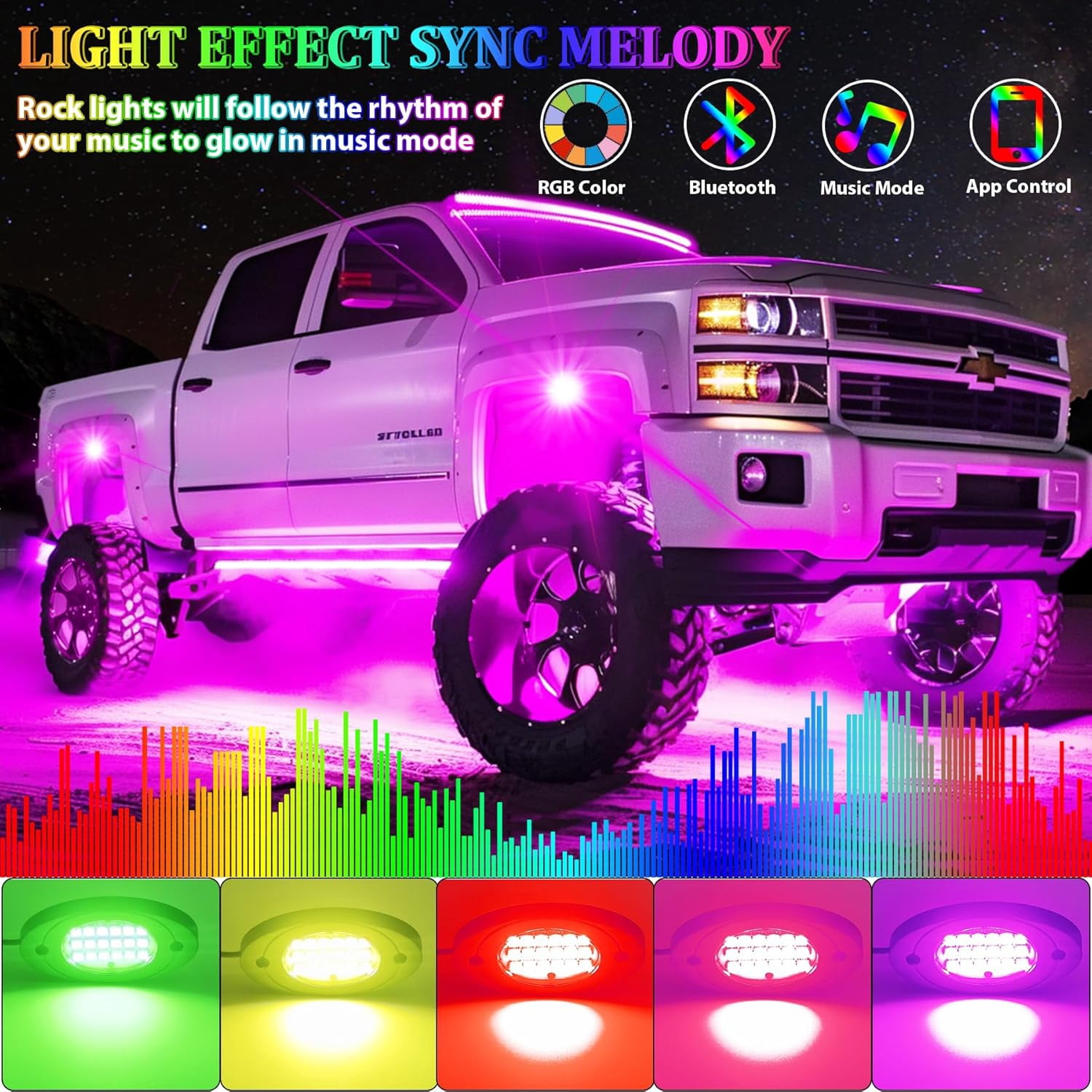 4 Pods RGB LED Rock Lights, Underglow Multicolor Neon Light Kit, Wheel Well Light with APP Control & Music Mode, Under Glow Lights for Trucks,Jeep,SUV,Golf Cart,ATV,Pickup Off Road,12V