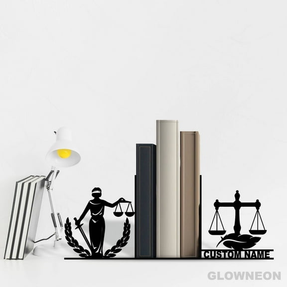 Glowneon Custom Lawyer Justice Scale Metal Bookends, Book Nook Decor