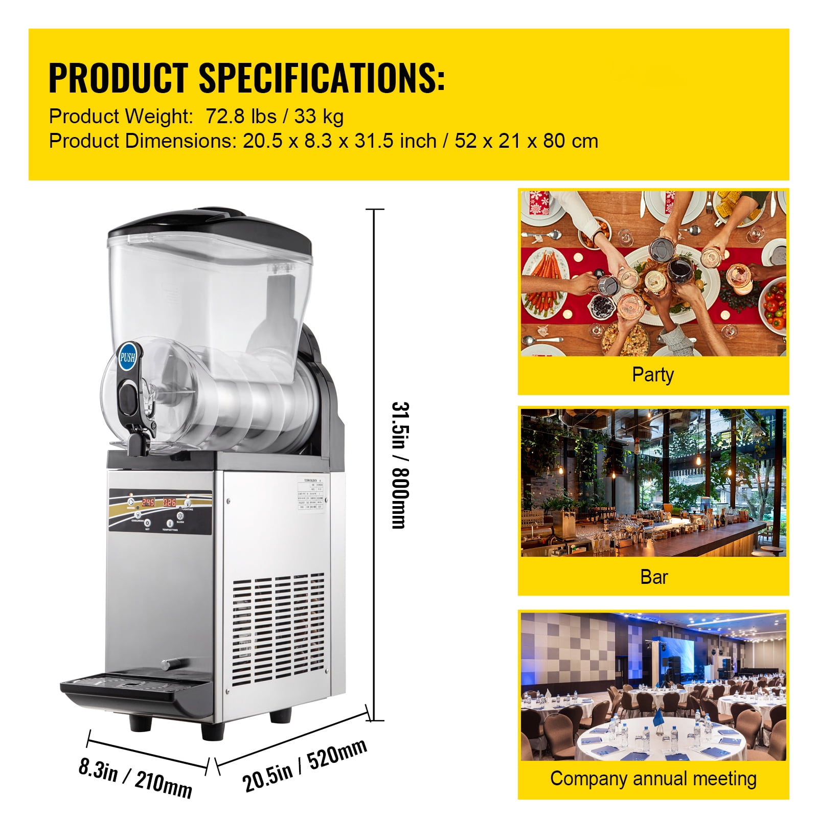 KFFKFF 15L 500W Commercial Slushy Machine Margarita Machine Stainless Steel Frozen Drink Slush Machine,Black Restaurants Cafes Bars