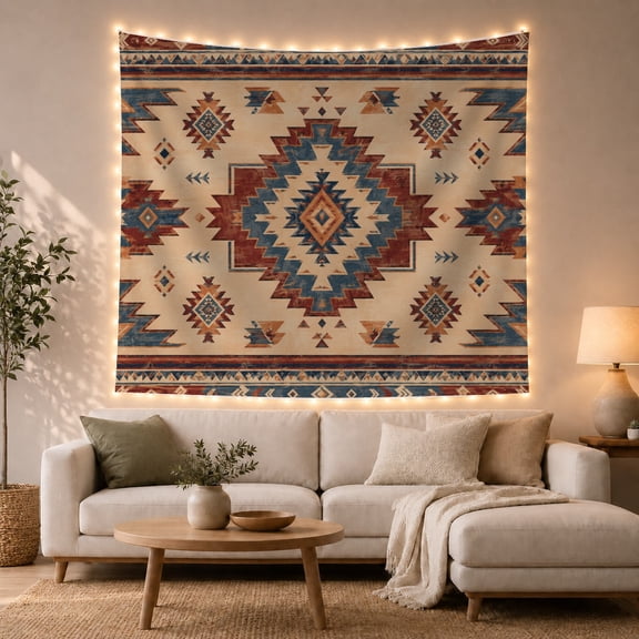 Southwestern Diamond Medallion on Rust Blue Zigzags Mystical Boho for Decor Lovers Southwestern Wall Art Housewarming Gift Tapestry Wall Hanging for Bedroom and Living Room