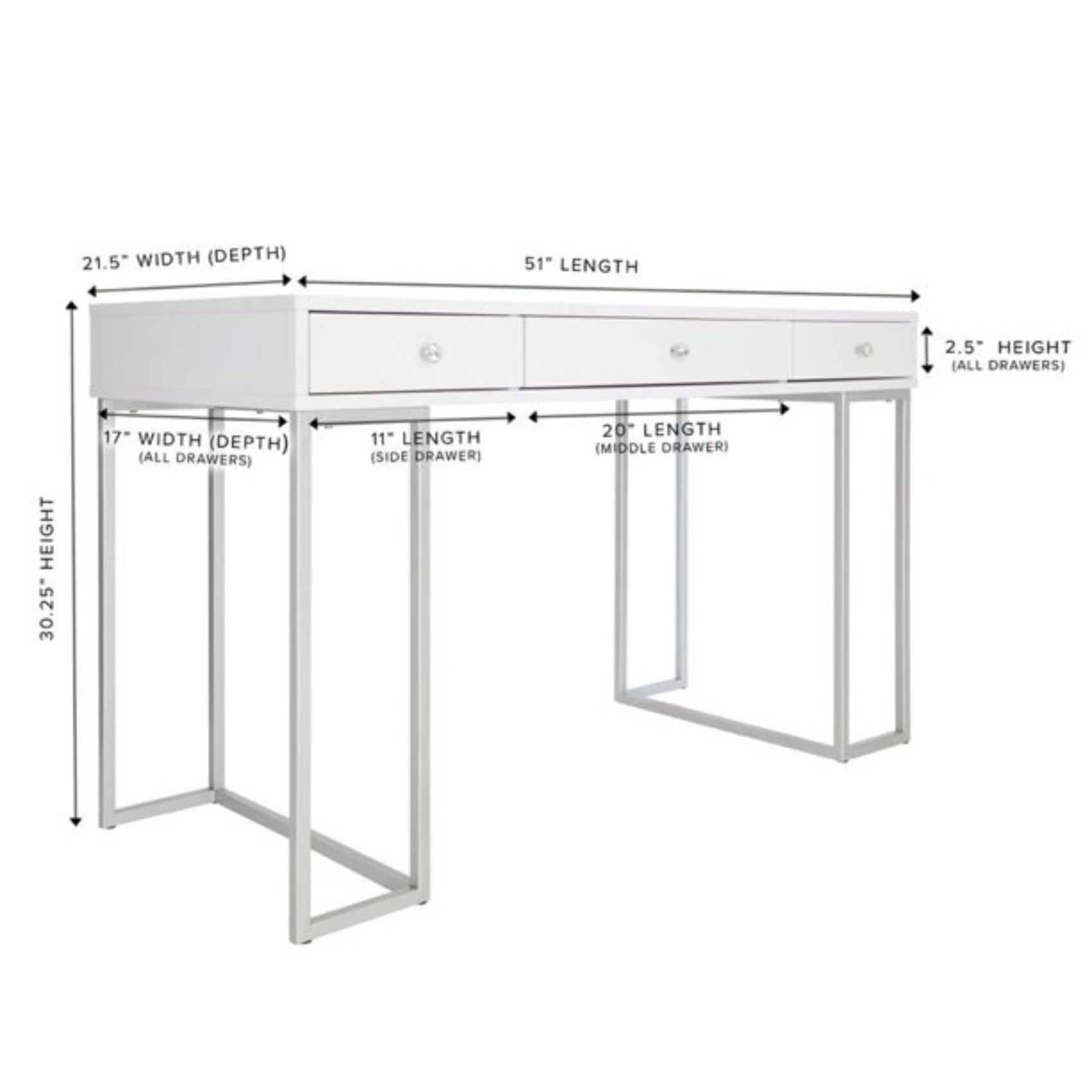 Impressions Vanity Premium Makeup Desk, Celeste Modern Table with 3 Drawers and Crystal Knobs, Perfect for Bedroom Decore (White) - image 2 of 6