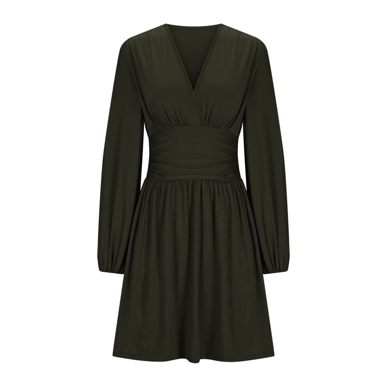 Formal Dresses for Women V-neck Solid Color Dress with Lantern Sleeves Long  Sleeves Waist Pleated Short Skirt Dresses for Women Elegant Mid Dresses  Loose Dress Athletic Travel Dress - Walmart.com