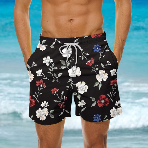 BiZtdJrK Mens Beach Shorts Big and Tall Floral Print Drawstring Summer Shorts Lightweight Sport Board Shorts with Pockets clearance items Black S