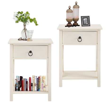 Alisa Wooden End Table with Storage Shelf by Naomi Home-Color:Cream,Quantity:Set of 2