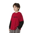 thumbnail image 6 of Boys' Layered Look Long Sleeve T-Shirt Color Block Wine Red Top Soft Stretch Oversized Fit Casual Streetwear for Kids Ages 7-15,Size 9-10 T, 6 of 6