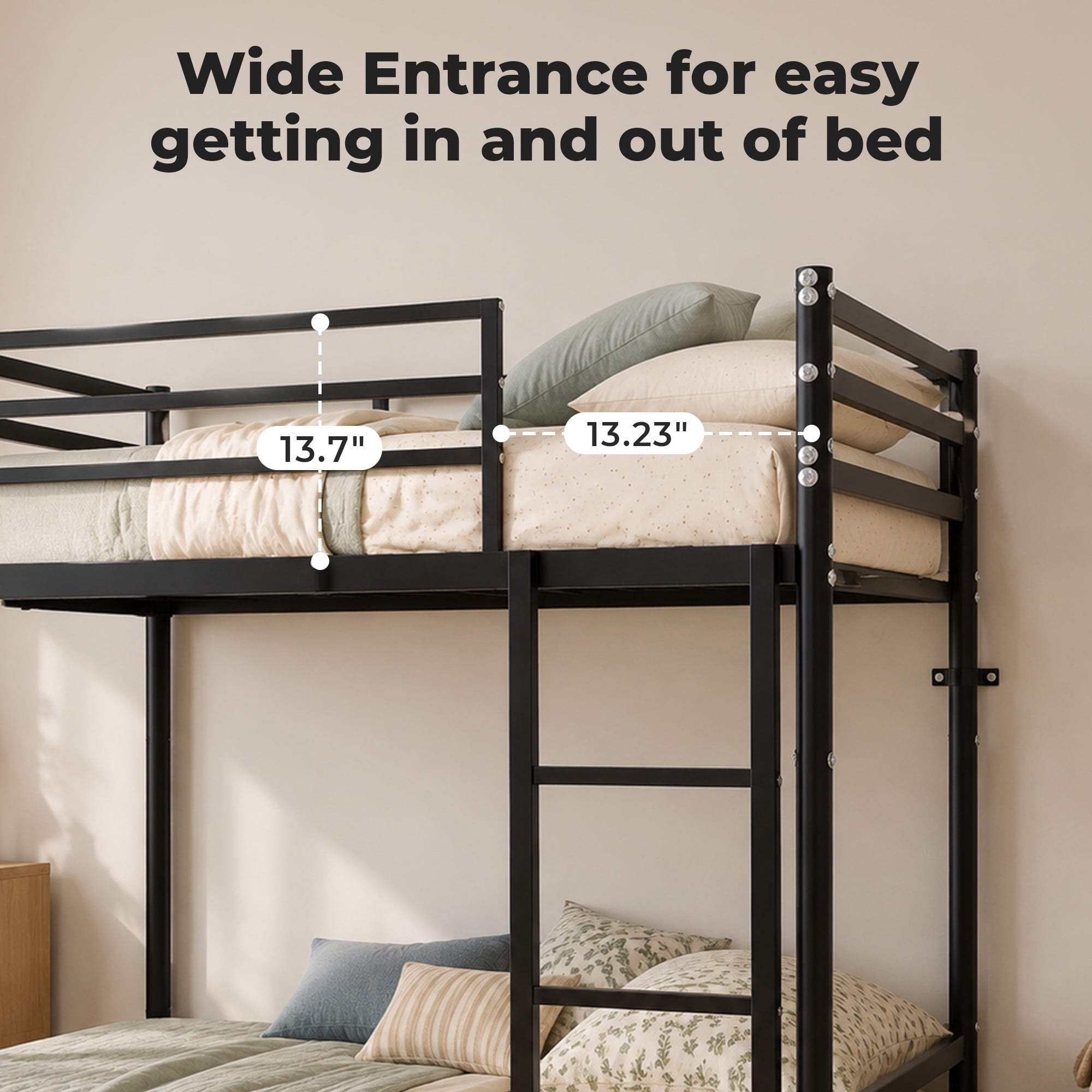 Alvantor Bunk Bed Twin over Twin, Metal Bunk Bed for Kids with Ladder and 14" Guardrail Black