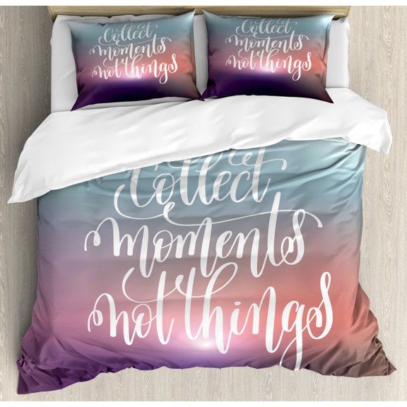 Saying Duvet Cover Set Queen Size, Ombre Effect Design of Lettering Positivism Funky Inscription Precious Moments, Decorative 3 Piece Bedding Set with 2 Pillow Shams, Multicolor, by Ambesonne