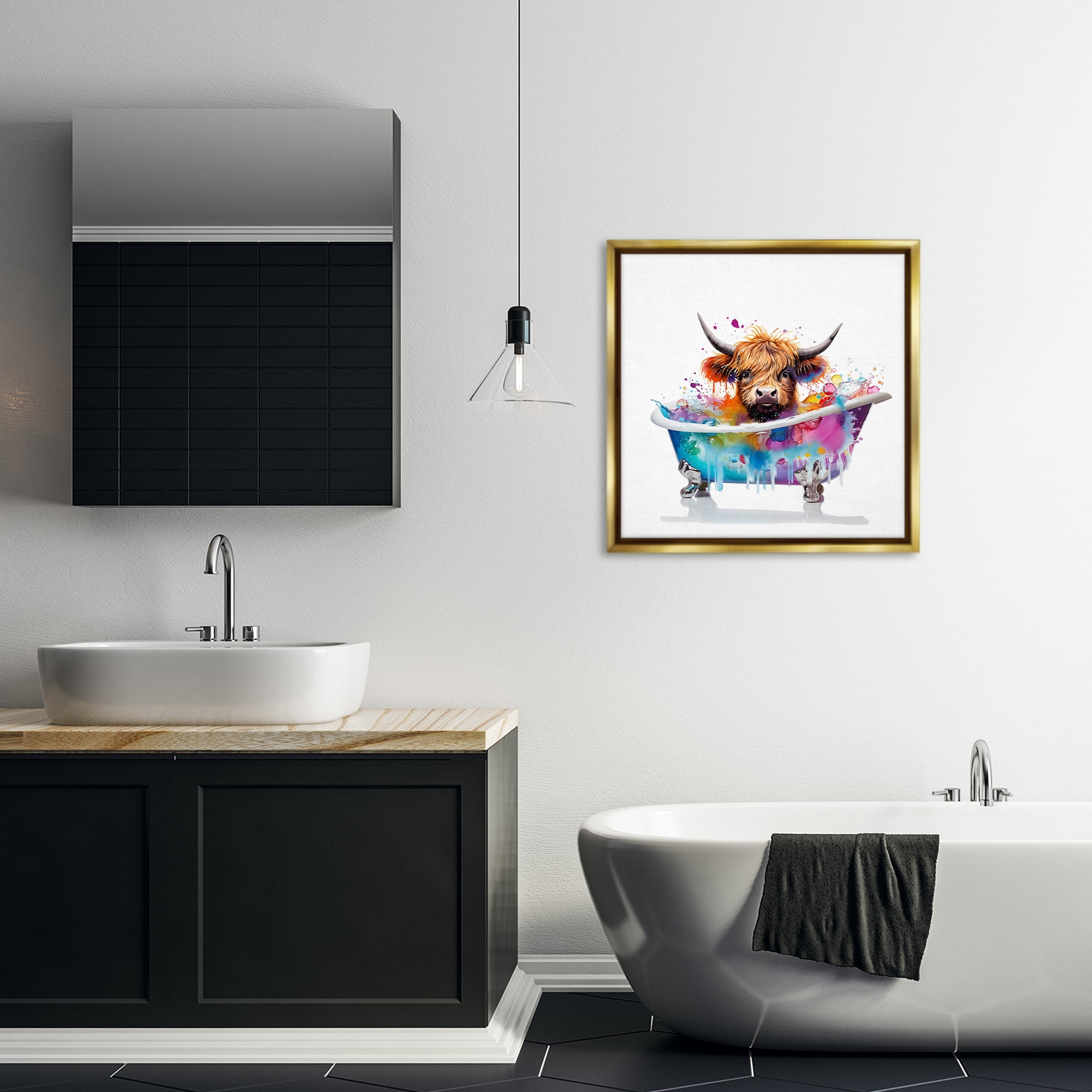 Stupell Industries Vivid Bath Time Cattle Typography Painting Gold Floater Framed Canvas Art Print Wall Art, 25 x 25