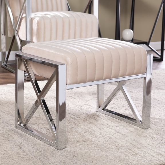 Velveteen Ottoman with Chrome Base - Champagne Square Footstool 21.5"W x 15.5"D x 17"H