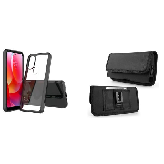 Bemz Case Bundle for Moto G Power 2022 - Fusion Impact Resistant Protection Cover (Black/Clear Back) with Rugged Nylon Belt Holster Phone Carrying Pouch (Horizontal)