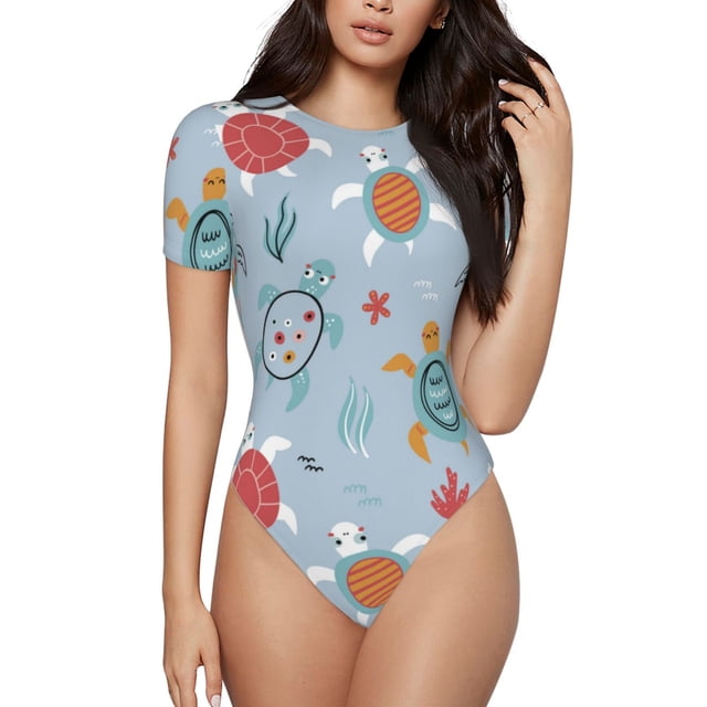 Saiise Motif Tortue de Mer Grenouillère à Manches Courtes Col Rond Pyjama Extensible avec Fermeture à Pression - Grand