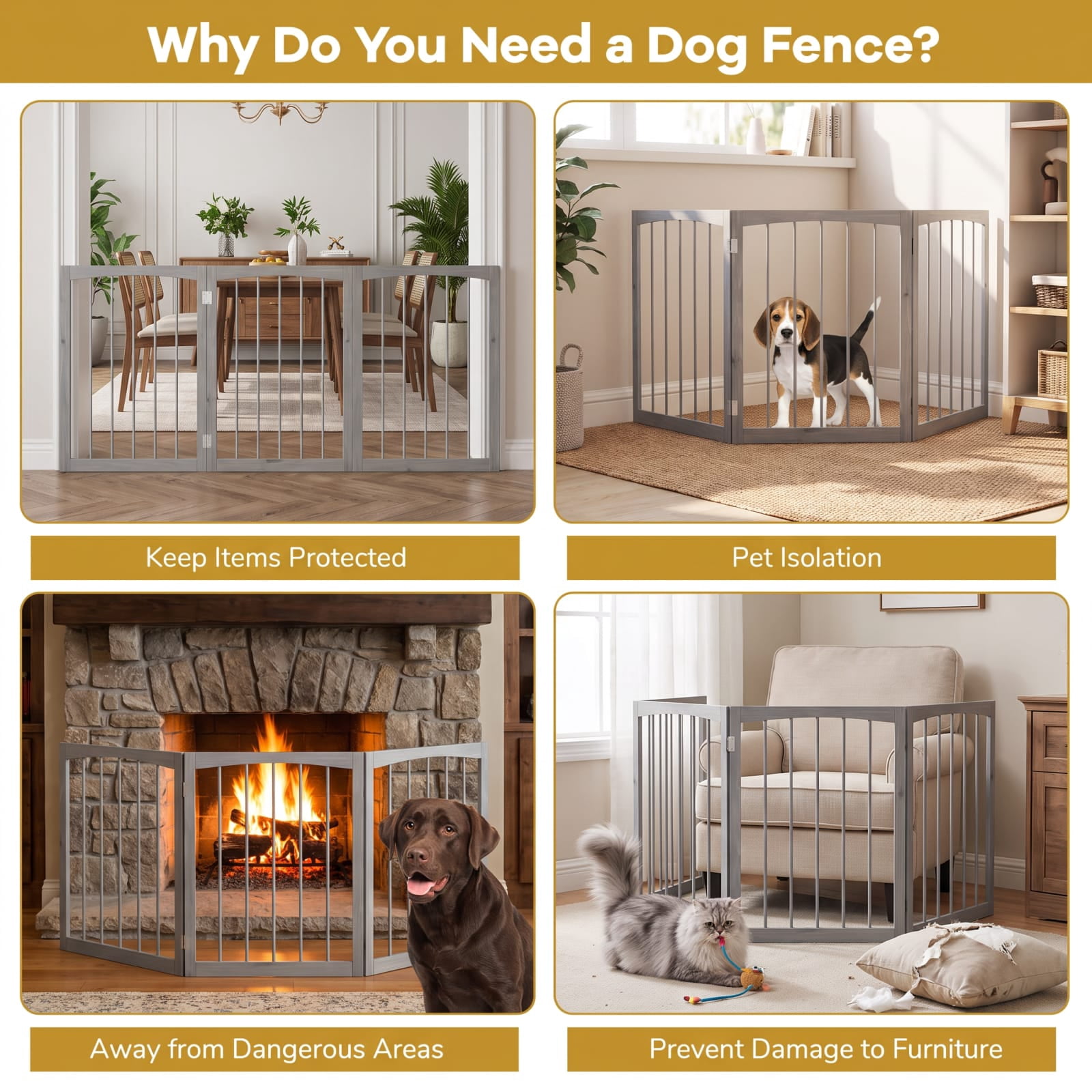 Vebreda Dog Playpen, 30 Inch Tall Wooden Pet Fence for Cats Small and Medium Dogs, Versatile Application, Flexible 3-Panel Configurations