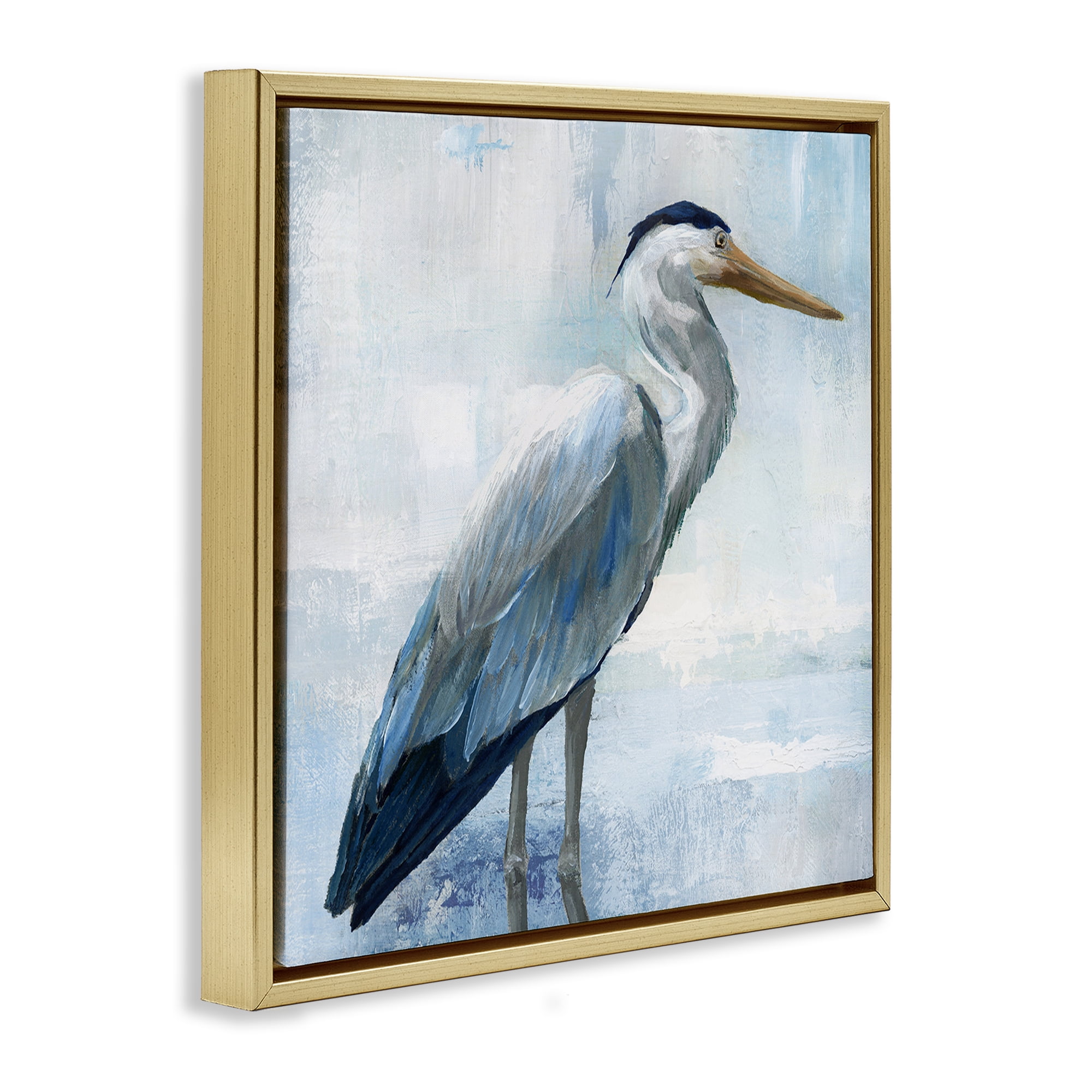 Stupell Industries Serene Blue Heron In Aqua Gold Framed Floater Canvas Wall Art, design by Nan