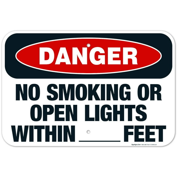 Danger No Smoking Or Open Lights Within Feet Sign, OSHA Danger Sign, 12x18 Aluminum