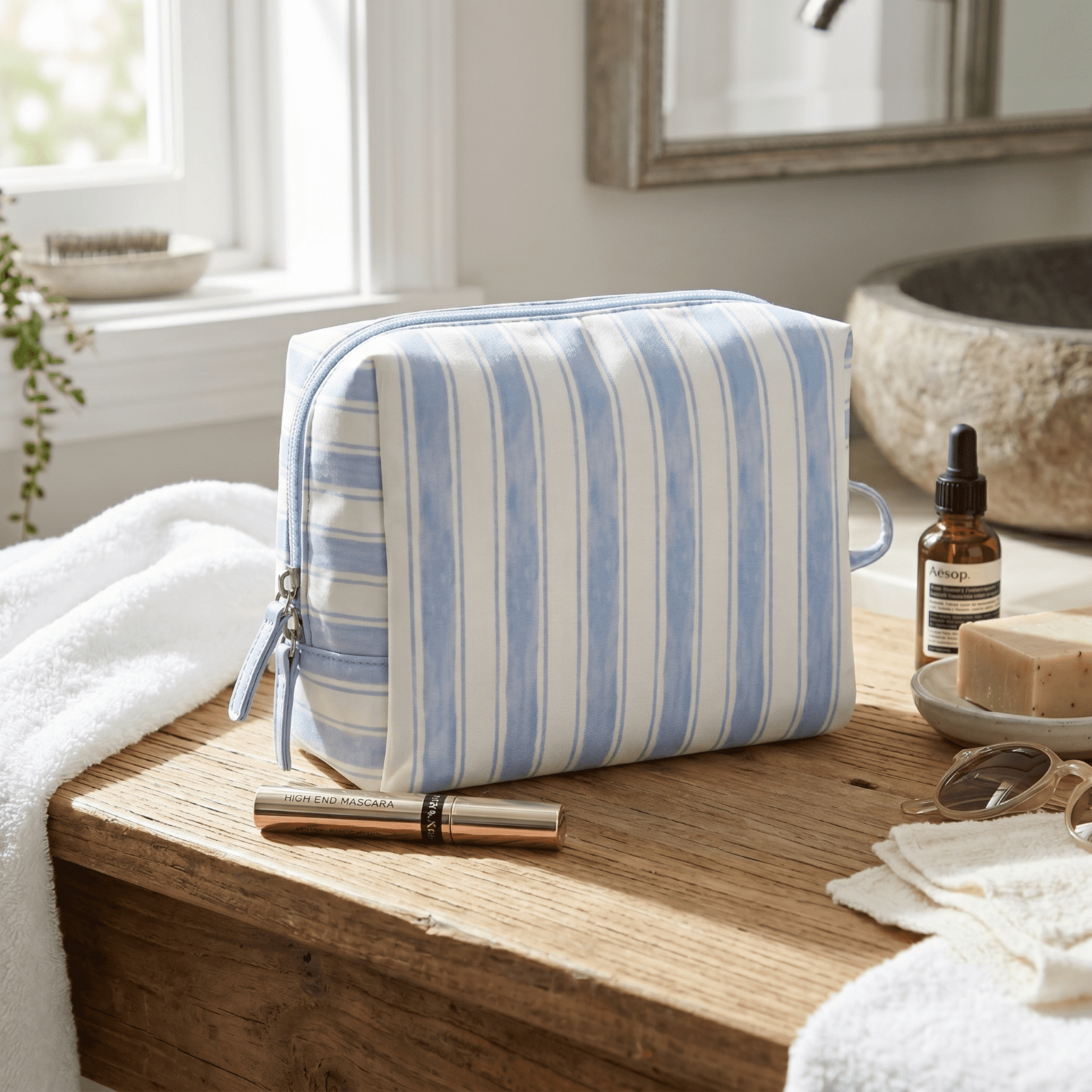 packlab Travel Makeup & Toiletry Cosmetic Bag, Blue Stripe Organizer Pouch