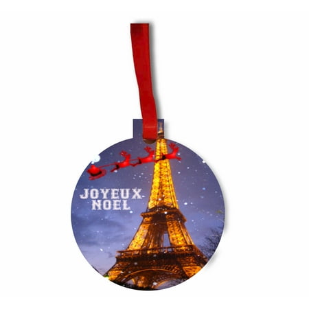 Eiffel Tower Christmas Tree Ornament Santa and Sleigh Riding Over The Eiffel Tower on Christmas TM Flat Round-Shaped Hardboard Holiday Tree Ornament Made in the USA ()