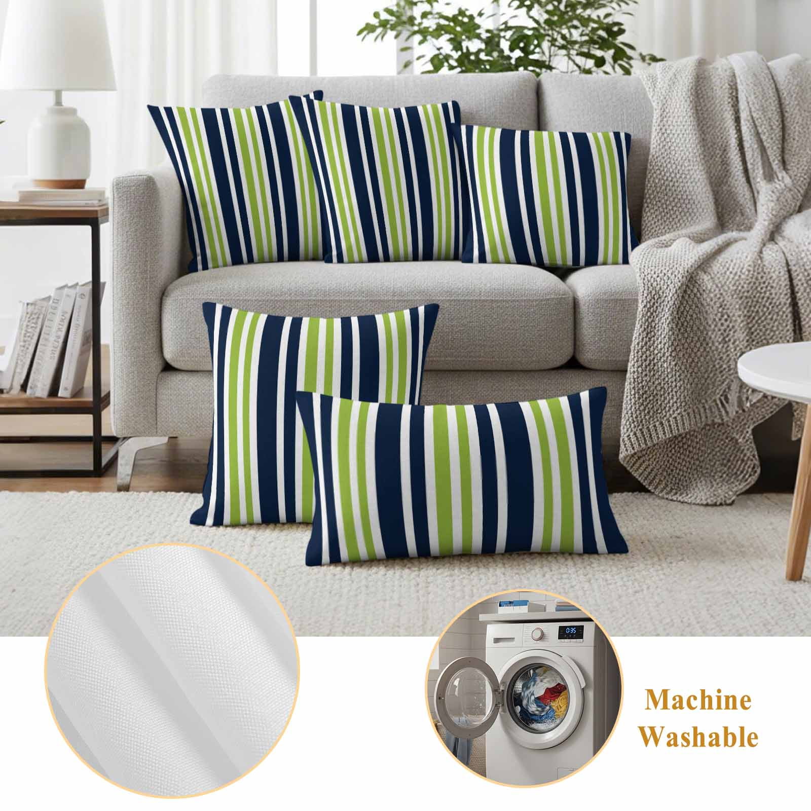 Navy Blue Green Striped Outdoor Waterproof Pillow Covers, Modern Minimalist Ombre Lines Decorative Square Throw Pillowcase Sofa Cushion Sham for Patio/Couch/Chair, 18"x18" 2 Pack