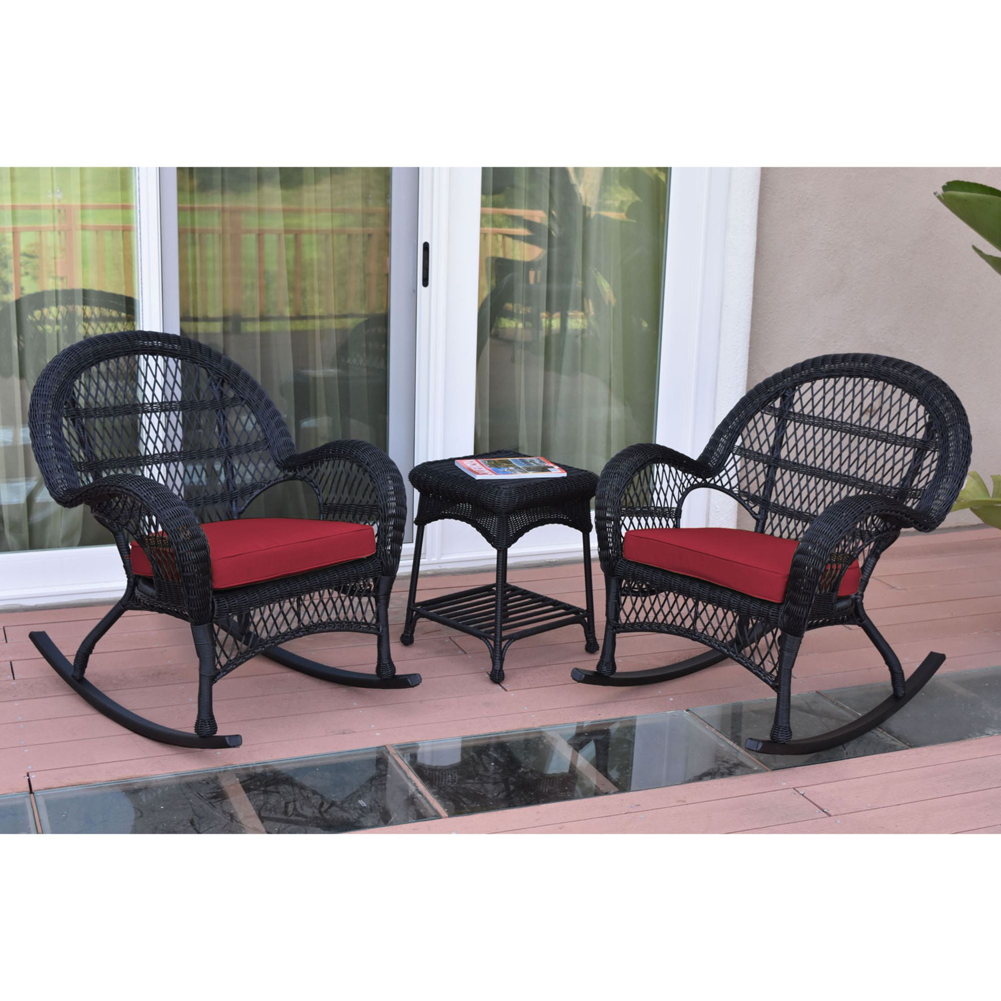 3-Piece Black Wicker Outdoor Furniture Patio Rocker Chair Set - Red